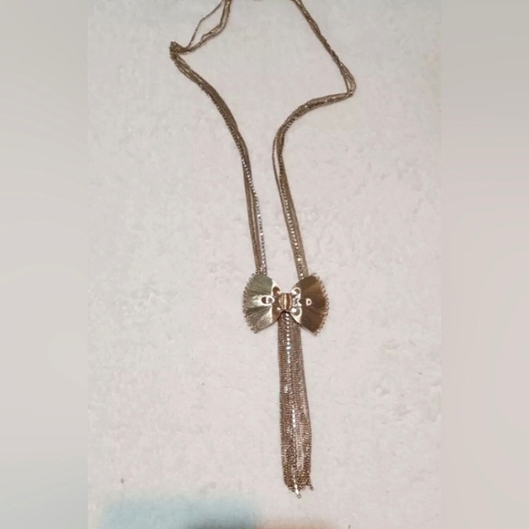Bow Necklace w/ Rhinestones And Chain Fringe Goldtone Long 30 Inch Chain - Picture 4 of 6